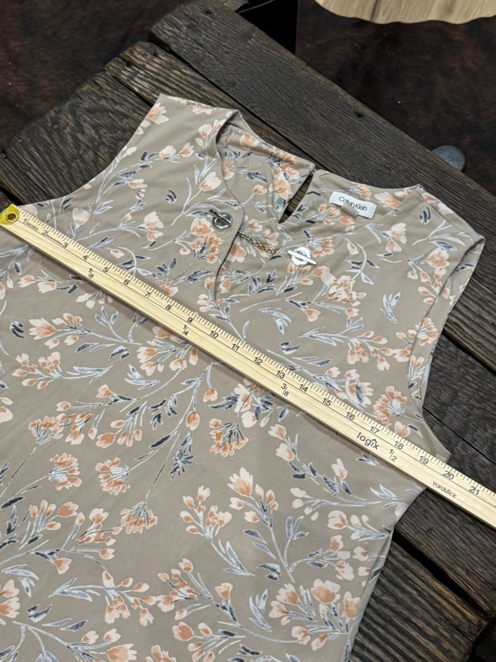 Calvin Klein Taupe Beige w/ Peach Floral Sleeveless Top Tunic Size XL - Picture 3 of 4